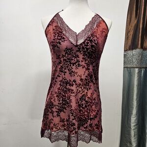 In Bloom Jonquil Velvet Burnout Slip Chemises Dress Sz. S Lace Trim Halter Back